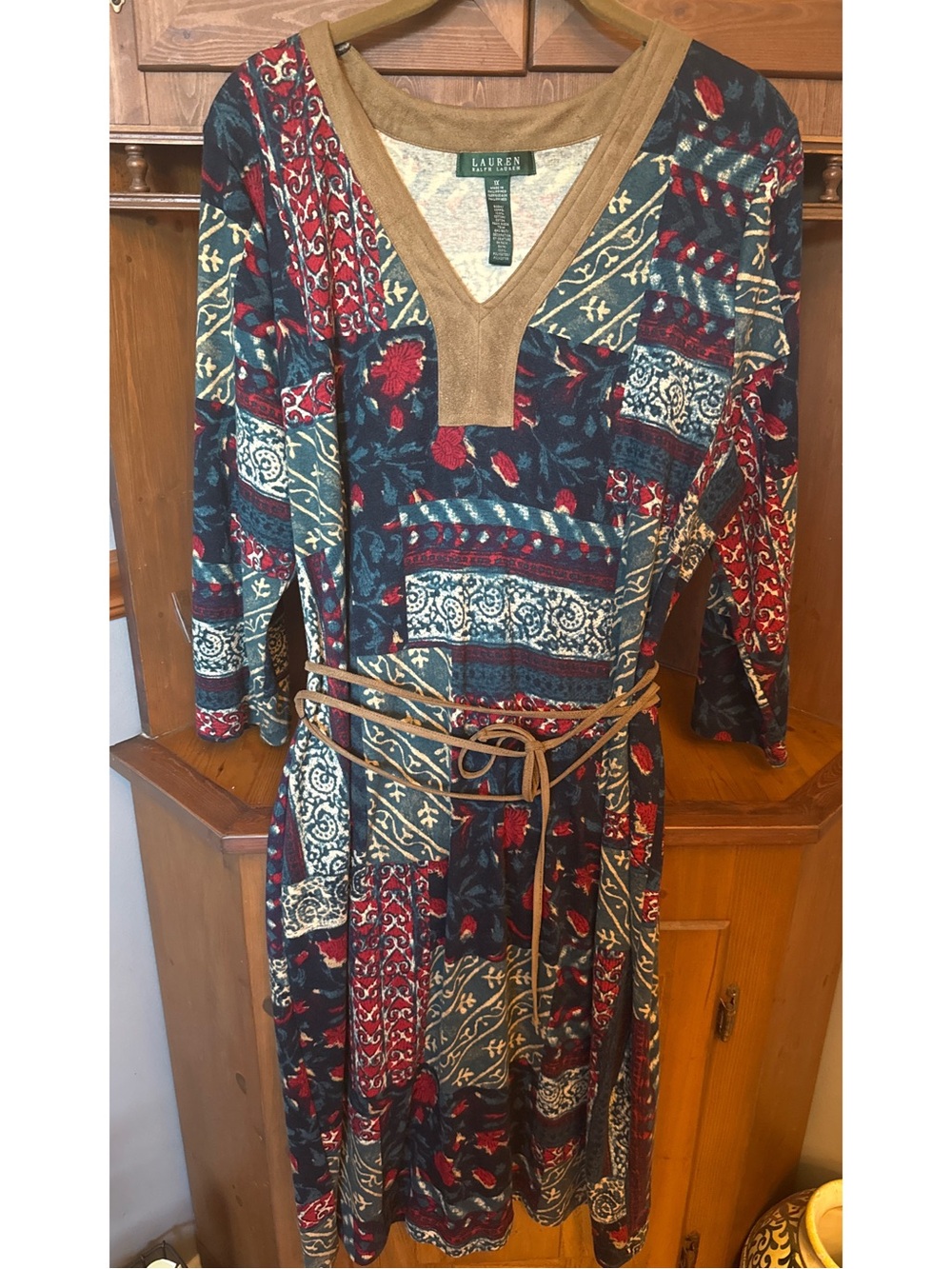 Lauren Ralph Lauren western inspired Blue Patchwork Cotton Knit Belted Dress 1X